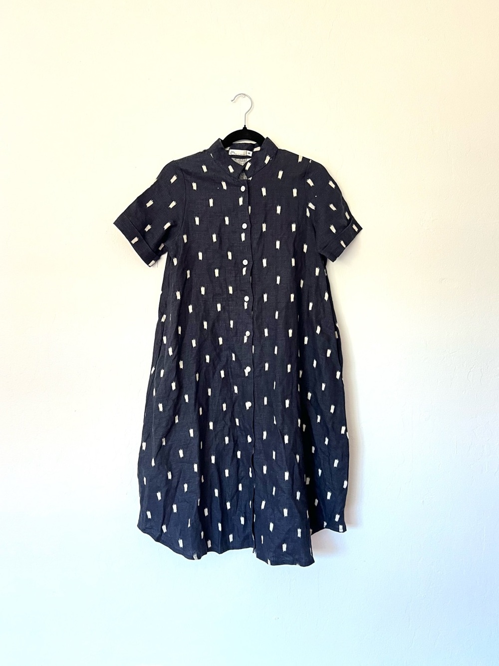 Joy Abstract Print Linen Blend Mandarin Collar Mini Shirt Dress